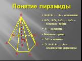 Понятие пирамиды. • А1А2А3 … Аn - основание • А1S, А2S, А3S, … АnS – боковые ребра • S – вершина • боковые грани • SH – высота • S А1А2А3 … Аn – обозначение пирамиды