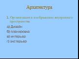 1. Организация и изображение внутреннего пространства а) Дизайн б) планировка в) интерьер г) экстерьер