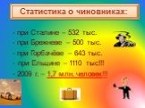 Статистика о чиновниках: - при Сталине – 532 тыс. - при Брежневе – 500 тыс. - при Горбачёве – 643 тыс. при Ельцине – 1110 тыс!!! - 2009 г. – 1,7 млн. человек!!!