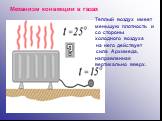 Механизм конвекции в газах. Теплый воздух имеет меньшую плотность и со стороны холодного воздуха на него действует сила Архимеда, направленная вертикально вверх.