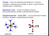Лиганд – ион или нейтральная молекула, которые связаны с центральным атомом и могут существовать независимо от комплекса. Донорный атом – атом в лиганде, который непосредственно связан с центральным атомом. Координационное число (КЧ) – число донорных атомов, которые связаны с центральным атомом. [Co