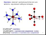 [Co(NH3)6]3+ - комплекс [Co(NH3)6]Cl3 – комплексное соединение (соль). [Fe(CO)5] – комплекс и комплексное соединение. Комплекс означает центральный атом или ион металла, окруженный набором лигандов.