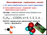 Классификация карбоновых кислот. I. По числу карбоксильных групп различают: монокарбоновые – содержат одну карбоксильную группу. Пример: гомологический ряд предельных одноосновных кислот CnH2n + 1COOH, n = 0, 1, 2, 3, 4 … HCOOH муравьиная (метановая) кислота (соли – формиаты)
