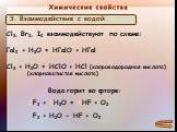 Cl2, Br2, I2 взаимодействуют по схеме: Гal2 + H2O = HГalО + НГal Cl2 + H2O = HClO + HCl (хлороводородная кислота) (хлорноватистая кислота). Вода горит во фторе: F2 + H2O − HF + O2 2F2 + 2H2O = 4HF + O2