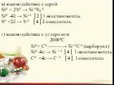 в) взаимодействие с серой Si0 + 2S0 → Si+4S2-2 Si0 -4ē → Si+4 │2│1-восстановитель S0 +2ē → S-2 │4│2-окислитель г) взаимодействие с углеродом 20000С Si0 + С0 ―――→ Si+4С-4 (карборунд) Si0 -4e → Si + 4 │4│ 1-восстановитель С0 +4e → С -4 │4│ 1-окислитель