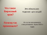 Это обвальное падение цен акций. Что такое биржевый крах? Почему так произошло? Из-за так называемого спекулятивного бума 1920-х годов