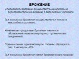 БРОЖЕНИЕ Способность бактерий осуществлять окислительно-восстановительные реакции в анаэробных условиях. Все процессы брожения осуществляются только в анаэробных условиях. Конечными продуктами брожения является образование низкомолекулярных органических соединений. При окислении одной молекулы глюко