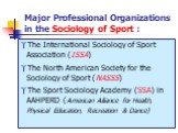 Major Professional Organizations in the Sociology of Sport : The International Sociology of Sport Association (ISSA) The North American Society for the Sociology of Sport (NASSS) The Sport Sociology Academy (SSA) in AAHPERD (American Alliance for Health, Physical Education, Recreation & Dance)
