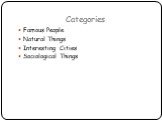 Categories. Famous People Natural Things Interesting Cities Sociological Things