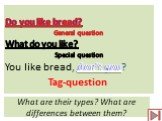 What are their types? What are differences between them? Do you like bread? General question What do you like? Special question You like bread, don’t you? Tag-question