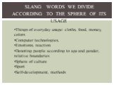 slang words we divide according to the sphere of its usage: Things of everyday usage: cloths, food, money, colors Computer technologies, Emotions, reaction Denoting people according to age and gender, relative boundaries Sphere of culture Sport Self-development, methods