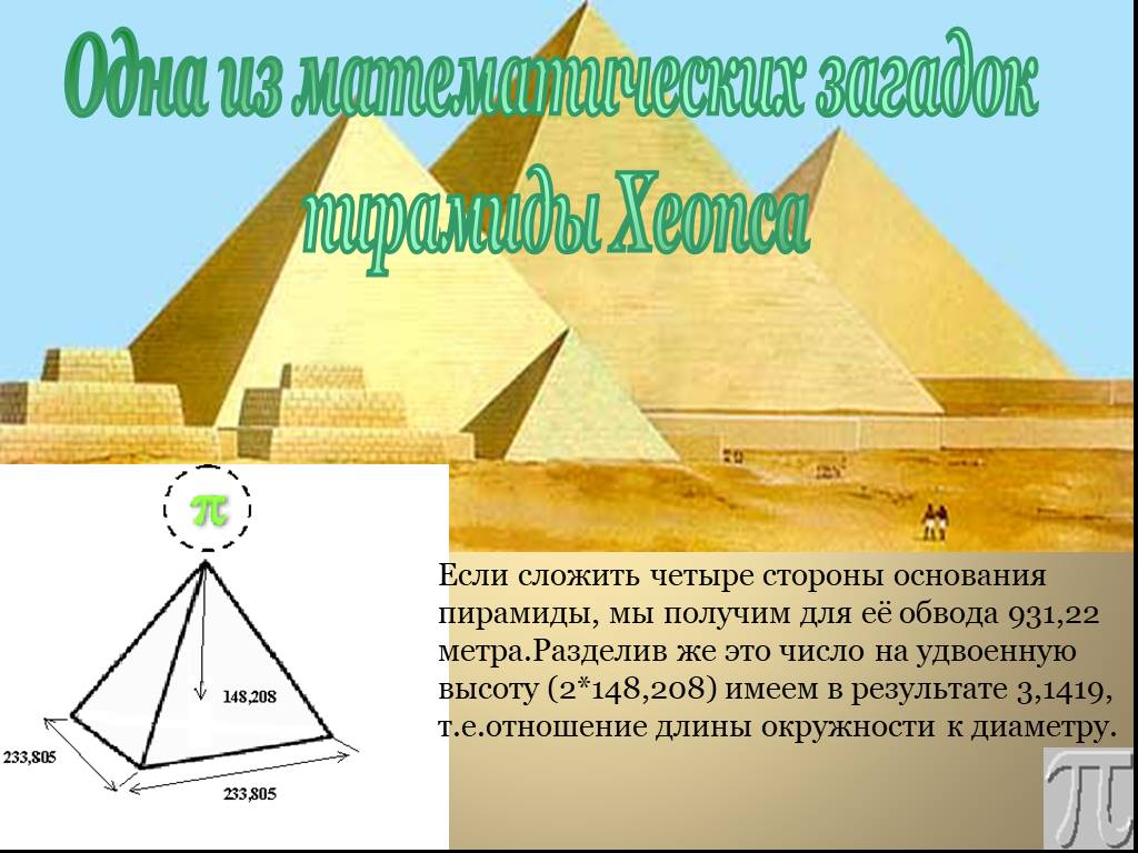 Четыре основания. Число пи в пирамиде Хеопса. Число пи в пирамидах Египта. Математические загадки пирамиды Хеопса. Великая пирамида и число пи.