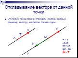 Откладывание вектора от данной точки. От любой точки можно отложить вектор, равный данному вектору, и притом только один. а N' p. M  p p II AB MN = AB MN' = AB MN = a