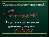z=0 х2+у 2+(z-d)2=R2. Составим систему уравнений : Подставив z=0 во второе уравнение , получим : х2+у 2=R2-d2