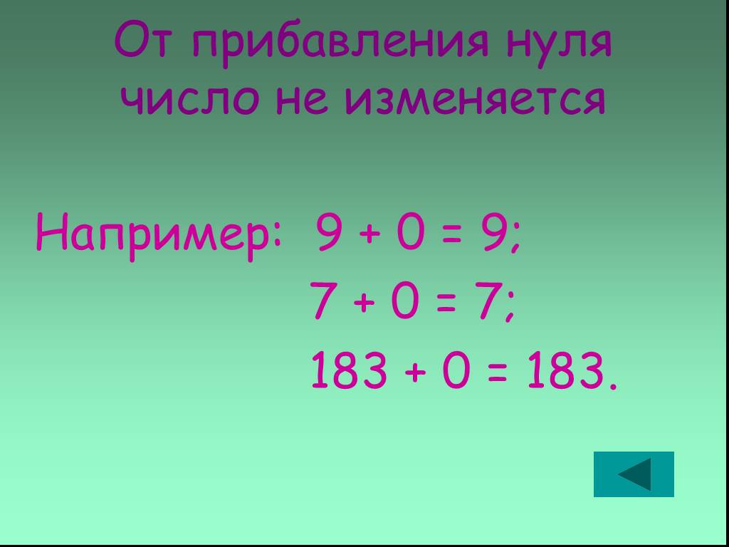 Сложение с числом 0. Прибавление нуля. От прибавления нуля число не изменяется. Примеры с прибавлением 0. От прибавления 0 к числу число.