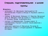 Старшая, подготовительная к школе группы. Живопись натюрморт. Ю. Васнецов. Цветущий луг; М. Кончаловский. Поднос и овощи; К. Коровин. Цветы и фрукты. пейзаж. В. Васнецов. Затишье; И. Левитан. Вечерний звон; В. Мешков. Сказ об Урале; А. Саврасов. Рожь; И. Шишкин. Дождь в дубовом лесу. портрет. И. Айв