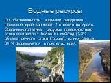 Водные ресурсы. По обеспеченности водными ресурсами Пермский край занимает 1-е место на Урале. Среднемноголетние ресурсы поверхностного стока сос­тавляют более 57 км3/год (1,3% объема речного стока России), из них свыше 80 % формируется в пределах края.