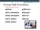 Group Task Functions. Initiate Give information Seek information Give opinion Seek opinion. Elaborate Energize Review Record. Include the following functions . . .