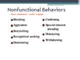 Nonfunctional Behaviors. Blocking Aggression Storytelling Recognition seeking Dominating. Confessing Special-interest pleading Distracting Withdrawing. Cause unproductive conflict in groups . . .