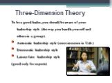 Three-Dimension Theory. To be a good leader, you should be aware of your leadership style (the way you handle yourself and others in a group). Autocratic leadership style (more common in Uzb.) Democratic leadership style Laissez-faire leadership style (good only for experts)