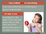 turn a blind eye to something. If you turn a blind eye to something, you ignore it intentionally. the apple of your eye. If somebody is the apple of your eye, this means that you like them very much. My granddaughter is the apple of my eye.