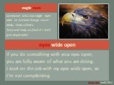 eyes wide open. If you do something with your eyes open, you are fully aware of what you are doing. I took on the job with my eyes wide open, so I’m not complaining. eagle eyes. Someone who has eagle eyes sees or notices things more easily than others. Tony will help us find it – he’s got eagle eyes