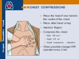 Place the heel of one hand in the centre of the chest Place other hand on top Interlock fingers Compress the chest Rate 100 min-1 Depth 4-5 cm Equal compression : relaxation When possible change CPR operator every 2 min. CHEST COMPRESSIONS