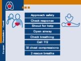 Approach safely Check response Shout for help Open airway Check breathing Call 112 30 chest compressions 2 rescue breaths