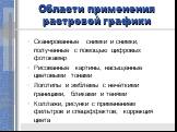 Области применения растровой графики. Сканированные снимки и снимки, полученные с помощью цифровых фотокамер Рисованные картины, насыщенные цветовыми тонами Логотипы и эмблемы с нечёткими границами, бликами и тенями Коллажи, рисунки с применением фильтров и спецэффектов; коррекция цвета