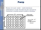 Растр. Растр (от англ. raster) – представление изображения в виде двумерного массива точек (пикселов), упорядоченных в ряды и столбцы. Растр M x N (графическая сетка)