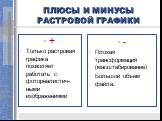 ПЛЮСЫ И МИНУСЫ РАСТРОВОЙ ГРАФИКИ. + Только растровая графика позволяет работать с фотореалистич-ными изображениями. - Плохая трансформация (масштабирование) Большой объём файла.