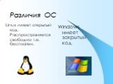 Различия ОС. Windows имеет закрытый код. Linux имеет открытый код. Распространяется свободно т.е. бесплатен.