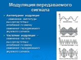 Модуляция передаваемого сигнала. Амплитудная модуляция – изменение амплитуды высокочастотных колебаний по закону изменения передаваемого звукового сигнала. Частотная модуляция – изменение частоты высокочастотных колебаний по закону изменения передаваемого звукового сигнала.