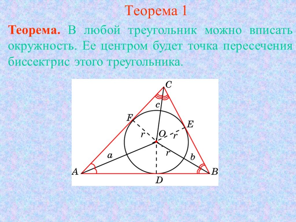 Центр вписанной окружности это. Центр вписанной окружности треугольника. Вписанная и описанная окружность в треугольник. В любой треугольник можно вписать окружность. Окружность вписанная в треугольник.