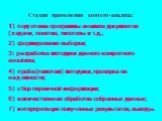 Стадии применения контент-анализа: 1) подготовка программы анализа документов (задачи, понятия, гипотезы и т.д.; 2) формирование выборки; 3) разработка методики данного конкретного анализа; 4) проба (пилотаж) методики, проверка ее надежности; 5) сбор первичной информации; 6) количественная обработка