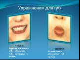 Упражнения для губ. УЛЫБКА Верхние и нижние зубы обнажены. Губы растянуты в улыбке. ХОБОТОК Вытягивание сомкнутых губ вперед.