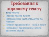 Тема текста Главная мысль текста Предложения располагаются по порядку Первое предложение – вход в текст Последнее предложение-конец развития мысли.