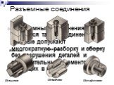 К разъемным соединениям относятся такие соединения, которые допускают многократную разборку и сборку без разрушения деталей и соединительных элементов, входящих в них. Болтовое Винтовое Шпилечное Шпоночное Шлицевое Штифтовое