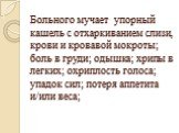 Больного мучает упорный кашель с отхаркиванием слизи, крови и кровавой мокроты; боль в груди; одышка; хрипы в легких; охриплость голоса; упадок сил; потеря аппетита и/или веса;