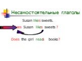Susan likes sweets. Susan sweets like the girl read books Does s es