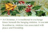 Misletoe. At Christmas, it is traditional to exchange kisses beneath the hanging misletoe. In ancient Scandinavia, misletoe was associated with peace and friendship.