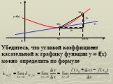 y=f(x) M0 M T x0 x0+∆x ∆x ∆y 0. Убедитесь, что угловой коэффициент касательной к графику функции y = f(x) можно определить по формуле