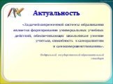 Актуальность. «Задачей современной системы образования является формирование универсальных учебных действий, обеспечивающих школьникам умение учиться, способность к саморазвитию и самосовершенствованию». Федеральный государственный образовательный стандарт