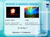 Качество и ценность энергии. атомный взрыв: большая мощность (N↑) малая организованность (S↓). лазер: малая мощность (N↓) высокая организованность (S↑). Э = N·f(s)·T. Ценность = Стоимость