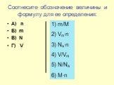 Соотнесите обозначение величины и формулу для ее определения: А) n Б) m В) N Г) V. 1) m/M 2) Vm∙n 3) Na∙n 4) V/Vm 5) N/Na 6) M∙n