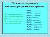 По какому признаку кислоты разделены на группы. HNO3 - азотная HNO2 - азотистая HClO4 - хлорная H2SO4 - серная H2SO3 - сернистая H2CO3 - угольная H2SiO3- кремниевая H3PO4 - фосфорная H3BO3 - борная. HF - фтороводородная HCl - хлороводородная HBr - бромоводородная HI - йодоводородная H2S - сероводоро