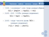 Химические свойства кислотных оксидов (К.О.). 1) К.О. + основание = соль + вода (реакция обмена) SO3 + 2NaOH → Na2SO4 + H2O 2) К.О. +О.О. = СОЛЬ (реакция соединения) SO3 + Na2O → Na2SO4. 3) К.О. + вода = кислота (кроме SiO2 ) (реакция соединения) P2O5 + 3H2O → 2H3PO4