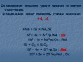 До завершения внешнего уровня кремнию не хватает 4 электронов. В соединениях может проявлять степени окисления +4, -4. 4Na + Si = Na4Si Si0 + 4e- = Si-4 пр.Red ; Ox Na0 - 1e- = Na+1 пр.Ox ; Red Si + O2 = SiO2 Si0 – 4e- = Si+4 пр.Ox ; Red 2O0 + 2e- = 2O-2 пр.Red ; Ox