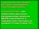 Структура баланса Банка России устанавливается Советом директоров. Годовой баланс, счет прибылей и убытков и распределение прибыли ЦБ(РФ) включаются в годовой отчет ежегодно не позднее 15 мая (статья 25).