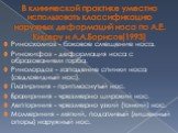 В клинической практике уместно использовать классификацию наружных деформаций носа по А.Е. Кицеру и А.А.Борисов(1993). Риносколиоз - боковое смещение носа. Ринокифоз - деформация носа с образованием горба. Ринолордоз - западение спинки носа (седловидный нос). Платириния - приплюснутый нос. Брахирини